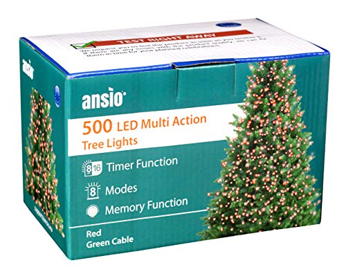 ANSIO Árbol de Navidad Luces 500 LED 12,5m Rojo Luces interiores/exteriores Decoraciones Luces de cuerda de hadas Alimentación principal 41 pies Longitud encendida Cable verde