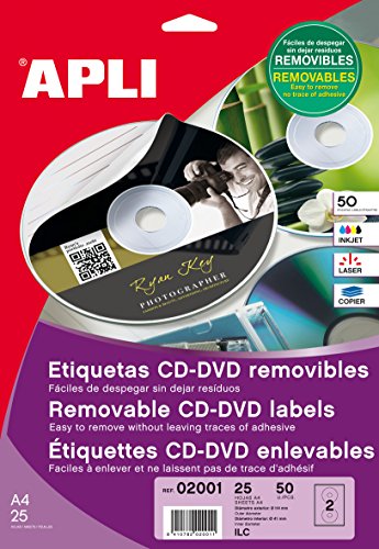 APLI 2001 - Etiquetas CD/DVD Removibles tamaño clásico Mate 10 Hojas I/L/C