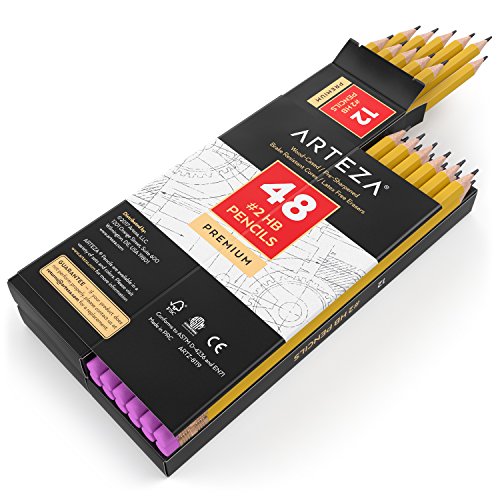 Arteza Lápices HB2, caja de 48 lapiceros de madera afilados de fábrica con goma de borrar sin látex, pack de lápices negros de grafito para suministros de oficina y material escolar