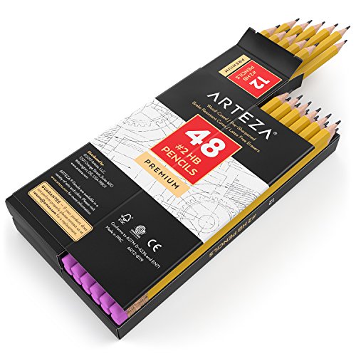 Arteza Lápices HB2, caja de 48 lapiceros de madera afilados de fábrica con goma de borrar sin látex, pack de lápices negros de grafito para suministros de oficina y material escolar Arteza Lápices HB2, caja de 48 lapiceros de madera afilados de fábrica con goma de borrar sin látex, pack de lápices negros de grafito para suministros de oficina y material escolar