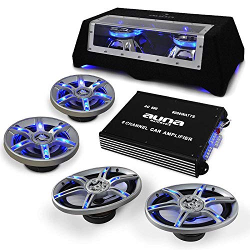 auna Beatpilot FX-412 - Set Equipo de Sonido para Coche HiFi, 1000w Potencia máxima, 1 Amplificador de 6 Canales, subwoofer Doble de 10", 2 Altavoces de 5", Dos Altavoces de 9", Antracita