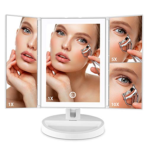 Auxmir Espejo Maquillaje con Luz LED de Mesa Tríptico,Espejo de Aumento10X, Rotación de 180 °, Pantalla Táctil, LED con Iluminación Natural, para Maquillaje, Afeitado y Cuidado Facial