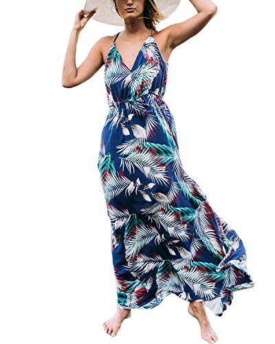 Auxo Vestido Largo Verano Mujer Impresión Floral Vestidos Bohemios Sin Mangas Cuello V Vestido Playa Largo Tirantes Azul L