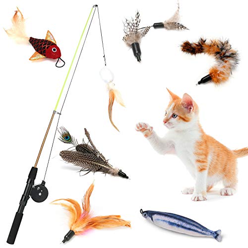 AVNICUD Juego de 8 piezas de plumas para gatos, retráctil, interactivo, varita mágica, juego de juguetes para gatos, incluye 1 caña de pesca de simulación y 7 accesorios (juego de 8 piezas)