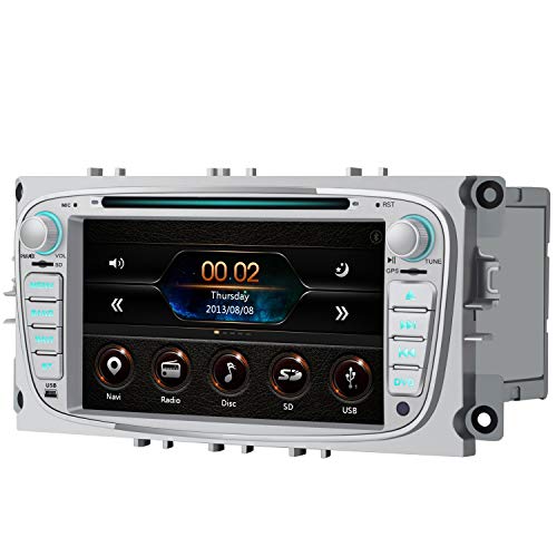 AWESAFE Radio Coche 7 Pulgadas para Ford con Pantalla Táctil 2 DIN, Autoradio de Ford con Bluetooth/GPS/FM/RDS/CD DVD/USB/SD, Admite Mandos Volante, Mirrorlink y Aparcamiento (Plata)