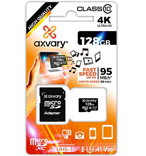 AXVARY - Tarjeta De Memoria Micro SDXC de 128 GB Clase 10, UHS-1, U3, V30, 4K, 2K, 3D, Full HD con Adaptador de Regalo (128 GB)
