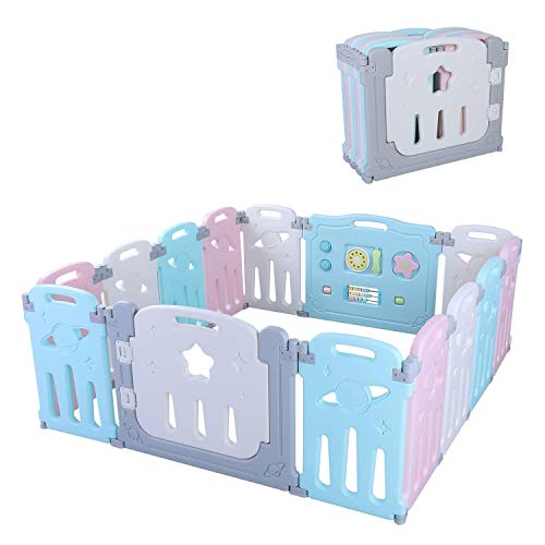 Bamny Parque Infantil Bebe con Puerta de Plástico Extensible, Corralito Bebe Plegable para Niños de 0 a 6 Años (Rosa + Azul + Estrella, 12 + 2)