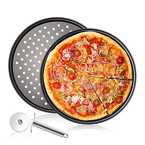 Bandejas Pizza Juego de 3,Acero al Carbono Bandejas para Pizza Horno Redondas Antiadherentes de 12 Pulgadas,Molde para Pizza con Agujeros-Cortador de Pizza-Adecuado para Fiestas Familiares de Cocina