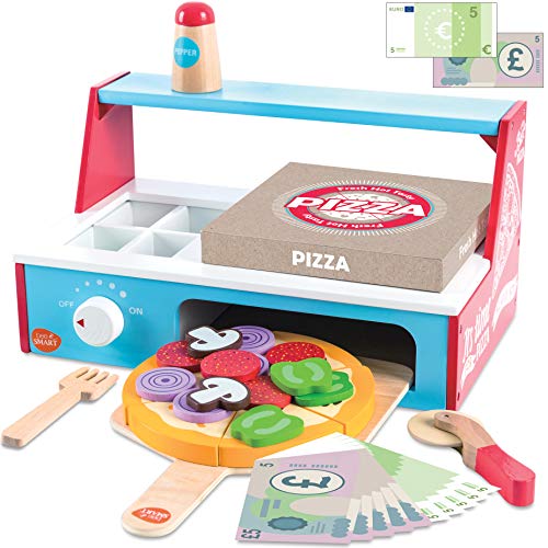bee SMART Pizza de Madera y Accesorios, Juego de Pizza con Horno de Pizzas, Corta Pizza, espátula y Caja de Pizza, Dinero de Juego para niños, 30 Piezas+ bee SMART Pizza de Madera y Accesorios, Juego de Pizza con Horno de Pizzas, Corta Pizza, espátula y Caja de Pizza, Dinero de Juego para niños, 30 Piezas+