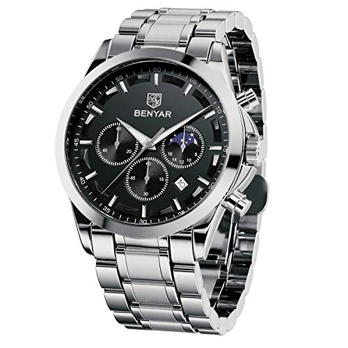 BENYAR Reloj de Pulsera de Lujo para Hombre | Reloj de Cuarzo analógico de Acero Inoxidable con cronógrafo | 30M Reloj Resistente al Agua y a los arañazos - Caja de Plata con Esfera Negra