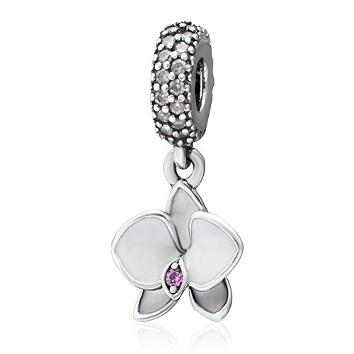 Blanco esmalte orquídea flor Charm Dangle con transparente CZ piedra colgante de plata de ley 925 Bead para Europea Pulsera Charms Blanco esmalte orquídea flor Charm Dangle con transparente CZ piedra colgante de plata de ley 925 Bead para Europea Pulsera Charms