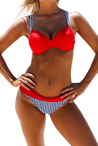 Blencot - Bikini de dos piezas para mujer, de cintura baja, bikini sexy para mujer, push up con correas cruzadas en la parte trasera rojo 48