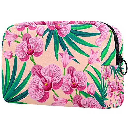 Bolsa de cosméticos para mujer, diseño de hojas de palma tropicales y flores de orquídea, bolsas de maquillaje, accesorios organizador de regalos Bolsa de cosméticos para mujer, diseño de hojas de palma tropicales y flores de orquídea, bolsas de maquillaje, accesorios organizador de regalos