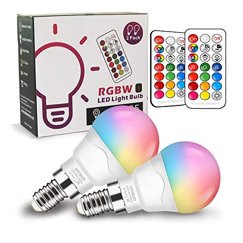 Bombilla LED Colores (2 Pack), RGBW 40W Equivalente LED Bombilla Regulable Cambio de Color Edison 6W E14, RGB 12 Colore,blanco cálido 2700K con control remoto[Clase de eficiencia energética A+]