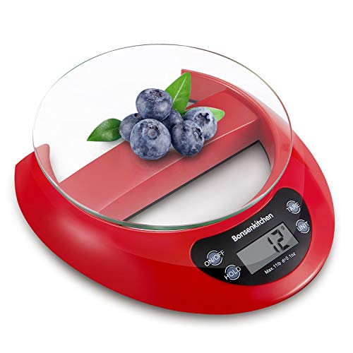 Bonsenkitchen Báscula Digital Balanza de Cocina Profesional, Escala de Peso de Alta Precisión con Vidrio Desmontable y Pantalla LCD - 5 kg / 11 lb, Báscula de Alimentos Electrónica Rojo (KS8802)