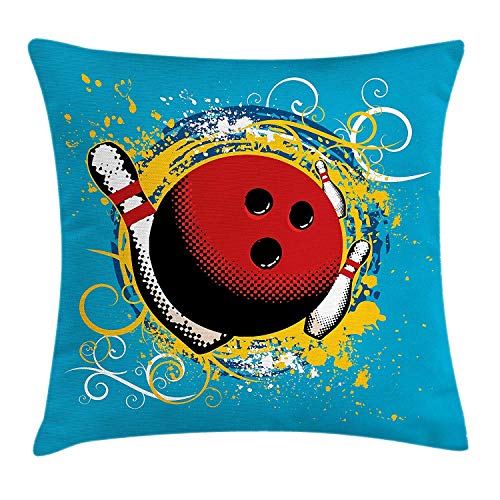 Bowling Party Decorations Throw Pillow Cushion Cover, Fun Hobby Retro Ball Floral Swirls Color Splashes Pop Art, Decorative Square Accent Pillow Case, 18 X 18 inches, Blue Red Yellow