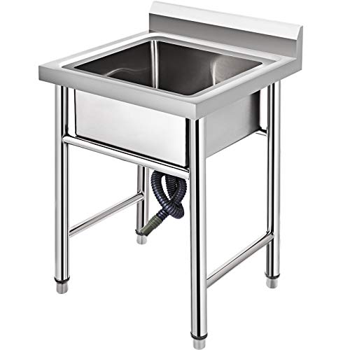 BuoQua Fregadero Comercial de Acero Inoxidable, 1 Compartimientos de Tamaño 44 x 44 x 25 cm y Tamaño Total 93 x 61 x 60 cm para Fregadero de Cocina, 4 Patas de Forma H para Fregadero de Barra Inferior