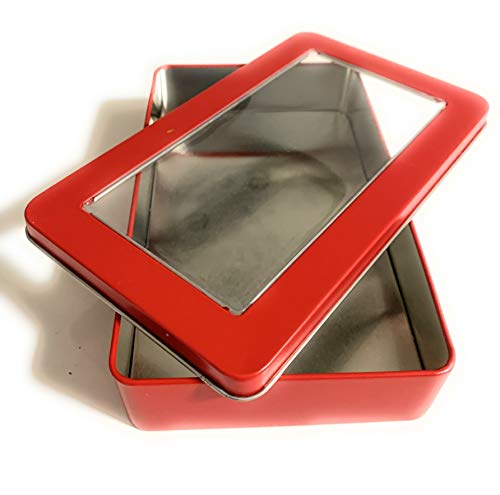 Caja de metal con tapa y ventana, 19 x 11 x 4 cm, rectangular, vacía, roja, rectangular