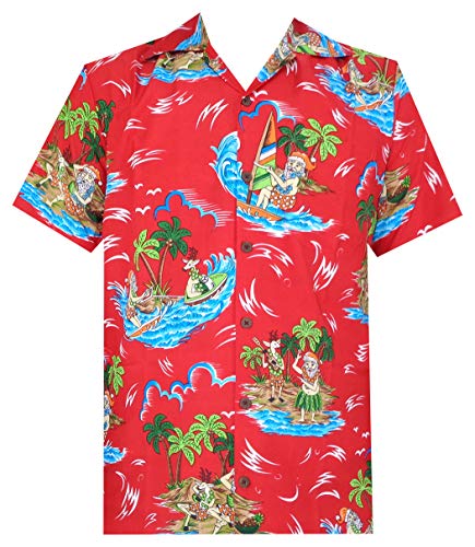 Camisa hawaiana para hombre, Navidad, Papá Noel, fiesta, Aloha Holiday Beach - rojo - 4X-Large