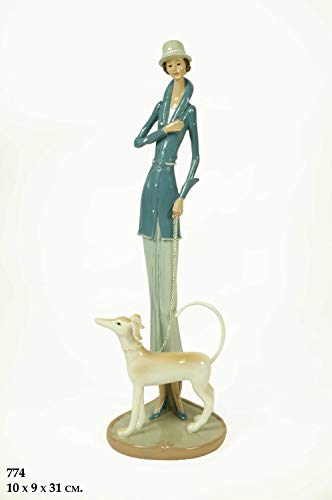 CAPRILO Figura Decorativa de Resina Mujer Época con Perro. Adornos y Esculturas. Decoración Hogar. Regalos Originales. 10 x 9 x 31 cm. IB,5