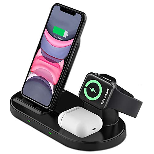 Cargador inalámbrico Rápido, Estación de Carga Rápida Qi Inalámbrica 3 en 1 Soportes de Carga de para iPhone 12/12 Pro Max /iPhone 11/Pro Max / X / XS Max / 8 Apple Watch Airpods Pro/2 y Qi-Enabled