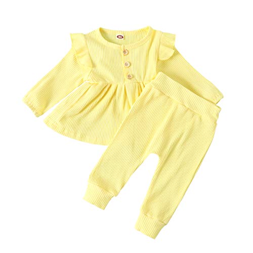 Carolilly - Conjunto de 2 piezas de algodón con volante de manga larga y pantalón amarillo 12-18 meses