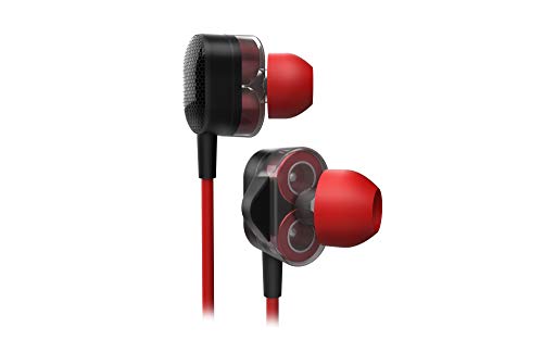 Cascos Gaming Ozone Dual FX - Auriculares con microfono in-Ear - 3 Tipos de tamaño, Cable Anti enredos, Controlador en Línea, Jack 3.5mm, Rojo y Negro