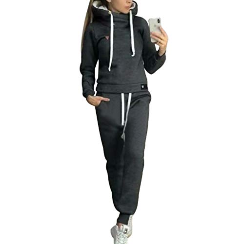 Chándal de 2 piezas para mujer, con manga larga, forro cálido, sudadera con capucha y pantalón deportivo de running, S-5XL Negro XXL Chándal de 2 piezas para mujer, con manga larga, forro cálido, sudadera con capucha y pantalón deportivo de running, S-5XL Negro XXL