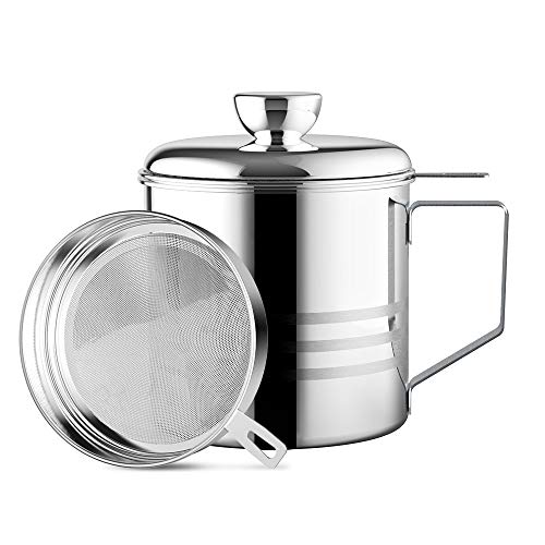 Chihee Filtro de Aceite, Recipiente de Grasa en Lata, 1,2 L Acero Inoxidable. Recipiente o pote de Lata con Filtro de Malla Fina, Adecuado para almacenar Aceite de fritura y Grasa de Cocina