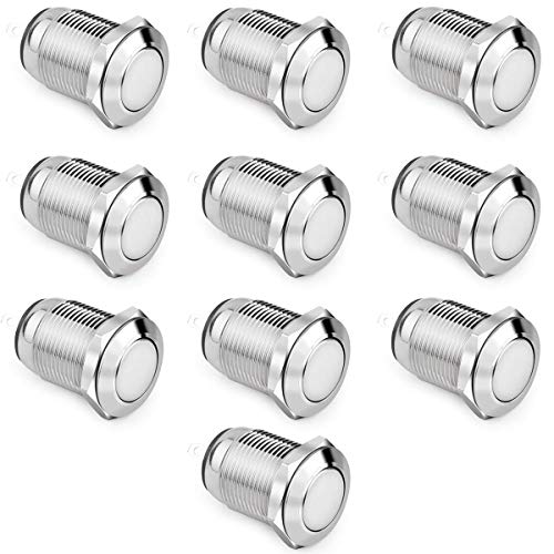Clyxgs 2A/36VDC Silver Contact 12 mm Flat Round Metal Button Switch Waterproof Jog Reset Switch Doorbell Access Control Car Modification 10pcs