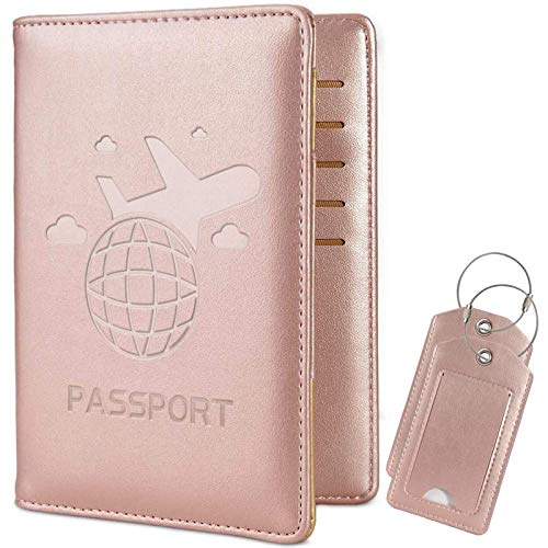 COCASES RFID Bloqueo de la Billetera del Titular del Pasaporte, Etiquetas de Equipaje, Cubierta de Pasaporte Multiusos Funda de Billetera de Viaje Premium de Cuero PU Oro Rosa
