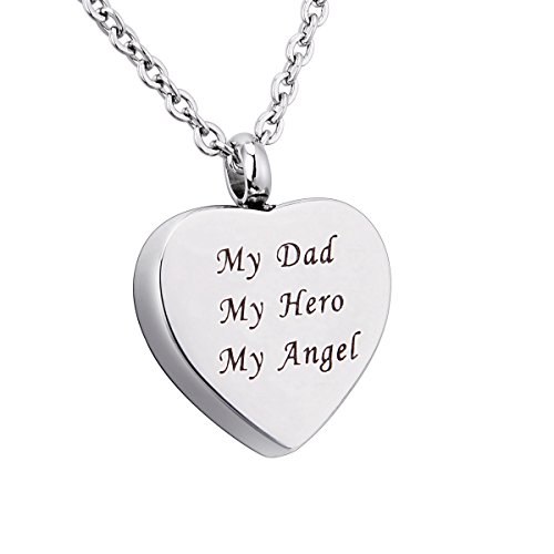 Collar con colgante grabado en inglés con la frase "My Dad My Hero My Angel", diseño de corazón, para usar como urna, joyería 316 de acero inoxidable