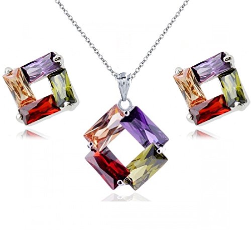 Colorido Cristales austríacos de Zirconia Rombo Juego de joyas Collar con colgante 45 cm Pendientes 18k Chapado en oro blanco para mujer