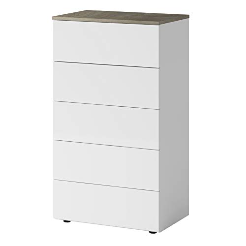 Comoda con 5 Cajones, para Dormitorio, Modelo Aikos, Acabado en Color Blanco Artik y Roble Alaska, Medidas: 61 cm (Ancho) x 40 cm (Fondo) 109 x cm (Alto) Comoda con 5 Cajones, para Dormitorio, Modelo Aikos, Acabado en Color Blanco Artik y Roble Alaska, Medidas: 61 cm (Ancho) x 40 cm (Fondo) 109 x cm (Alto)