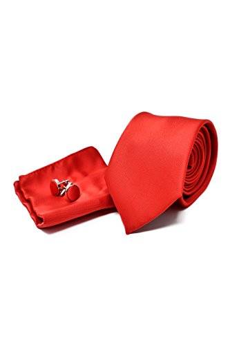 Corbata de hombre, Pañuelo de Bolsillo y Gemelos Rojo Satén - 100% Seda - Clásico, Elegante y Moderno - (Caja y Conjunto de Regalo, ideal para una boda, con un traje, en la oficina...)