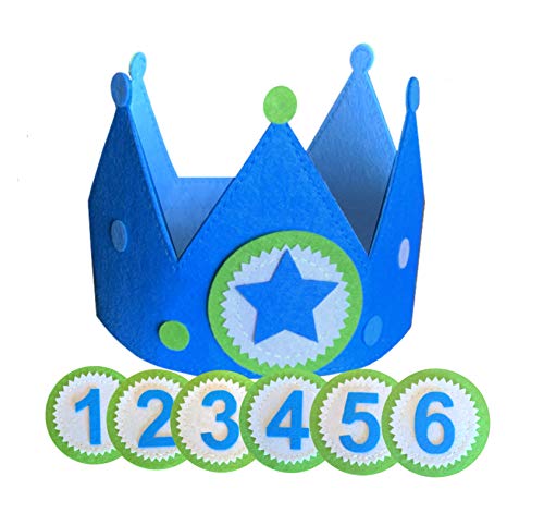 Corona cumpleaños y fiesta niño con números intercambiables en tela fieltro. Ajustable para bebés y niños | incluye números para 1 año, 2, 3, 4, 5 y 6 años más estrella para disfraz o juego