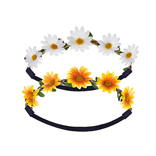 Corona de margaritas con banda elástica ajustable para bodas, fiestas, 2 unidades, color blanco y amarillo