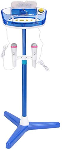 deAO Karaoke Infantil Dúo Conjunto Musical de 2 Micrófonos con Soporte de Pie, Amplificador, Puerto Externo y Luces LED (Azul)