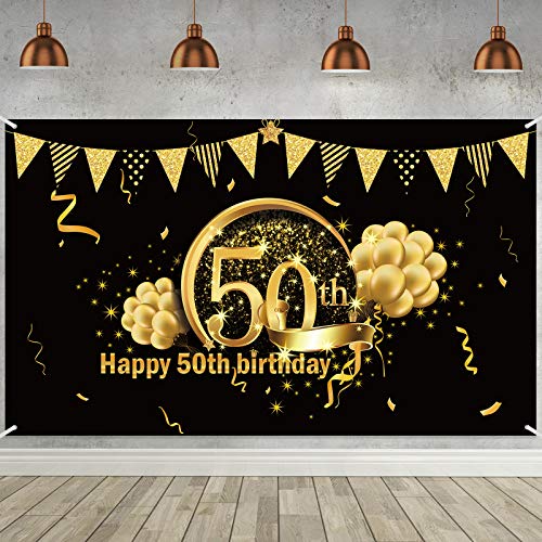 Decoración de Fiesta de 50 Cumpleaños, Póster de Señal de Tela Extra Grande para 50 Aniversario Fondo de Foto Pancarta de Fondo, Materiales de Fiesta de 50 Cumpleaños (Negro Dorado)