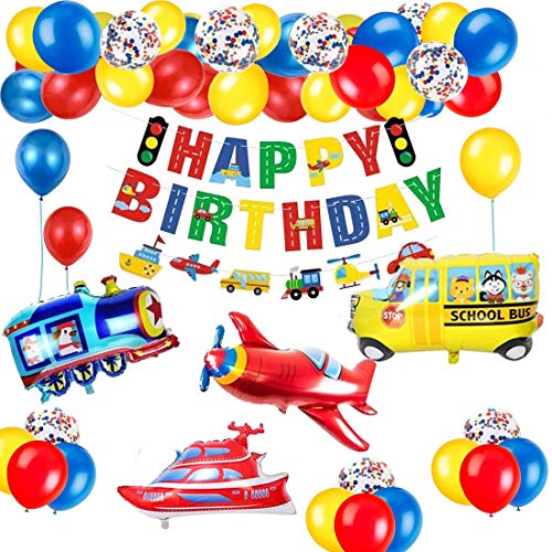 Decoraciones de fiesta de cumpleaños para niños Korins avión tren coche de policía autobús globos de aluminio pancarta de feliz cumpleaños suministros para fiestas de cumpleaños para niños