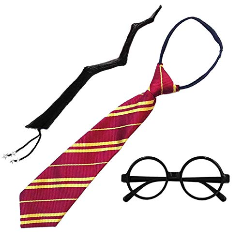 Disfraz de Mago Escolar,Gafas Negro de Marco,Varita mágica y Corbata para Adultos y Niños(Gafas Mago Pack Completo 2)