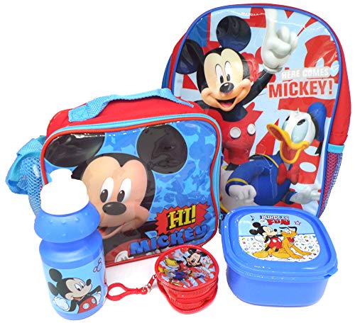 Disney Mickey Mouse Set De Regalo Mochila + Billetera + Bolsa Aislante + Botella Para Beber + Caja De Almuerzo - Licenciado Oficialmente - Backpack Purse Lunch Bag Bottle Sandwich Box - Gift Bundle