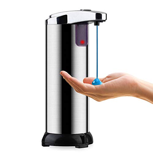 Dispensador Jabón Automático, SANBLOGAN Infrarrojos Dispensador de Jabón Automático Acero Inoxidable,250ML Manos Libres Dispensadores sin Contacto para Hogar Cocina Baño Oficina Colegio Hospital Hotel