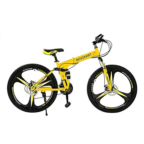 DOMDIL- Bicicletas Montaña Plegables, Mountain Bike Unisex, 24 Pulgadas, MTB para Hombre/Mujer, Freno Doble Disco, 3 Cortadores, 21 Velocidad de Cambio, Amarillo