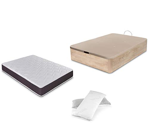 Dormidán - Pack de canapé abatible de Gran Capacidad + colchón viscoelástico + Almohada visco Copos de Regalo (135_x_190_cm, Roble)