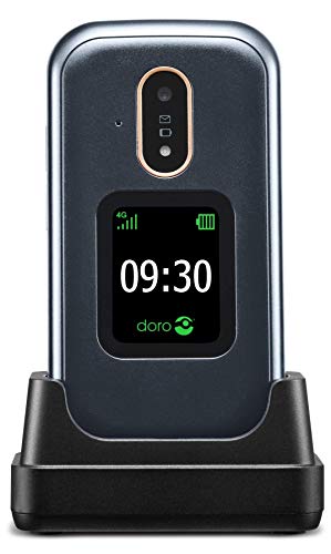 Doro 7080 Teléfono Móvil 4G Dual SIM con Tapa para Mayores con WhatsApp para Videollamadas, Facebook, Botón de Asistencia con GPS y Base de Carga (Gris) [Versión Española y Portuguesa]