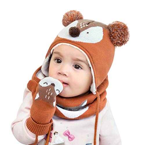 DORRISO Linda Niños Sombrero y Bufanda Guantes Otoño Invierno Primavera Gorro Bebe Calentar Pequeña Zorro Gorro Bufanda Guantes Conjunto Sombrero de Niño Naranja