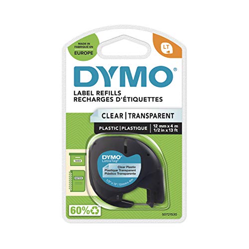 Dymo LetraTag Etiquetas de plástico, rollo de 12 mm x 4 m, Negro sobre Transparente