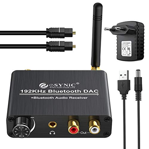 eSynic Bluetooth 5.0 192kHz Convertidor Digital a Analógico Receptor con Volumen Ajustable Cable Óptico Coaxial Toslink Adaptador de Audio Jack de 3,5 mm L/R RCA para PS3 HD DVD PS4 TV