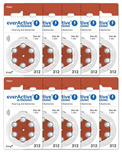 EverActive 312 - Pilas para audífonos (60 Unidades, Alto Rendimiento, 10 blísteres, 4 años de duración), Color marrón